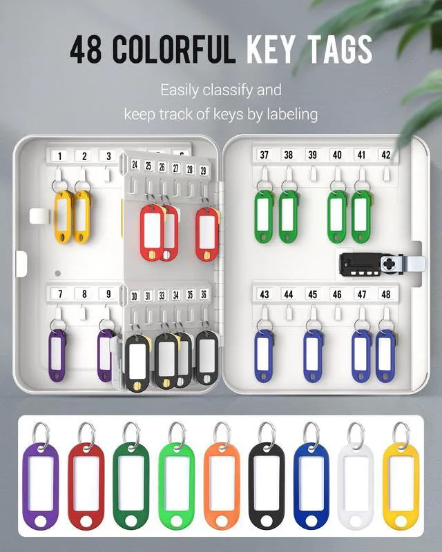 Alt view image 4 of 7 - 48 Position Key Cabinet with Combination Lock Resettable White Digital Security Storage Box Steel Key Organizer with Colorful Key Tag Labels Stickers and Hooks