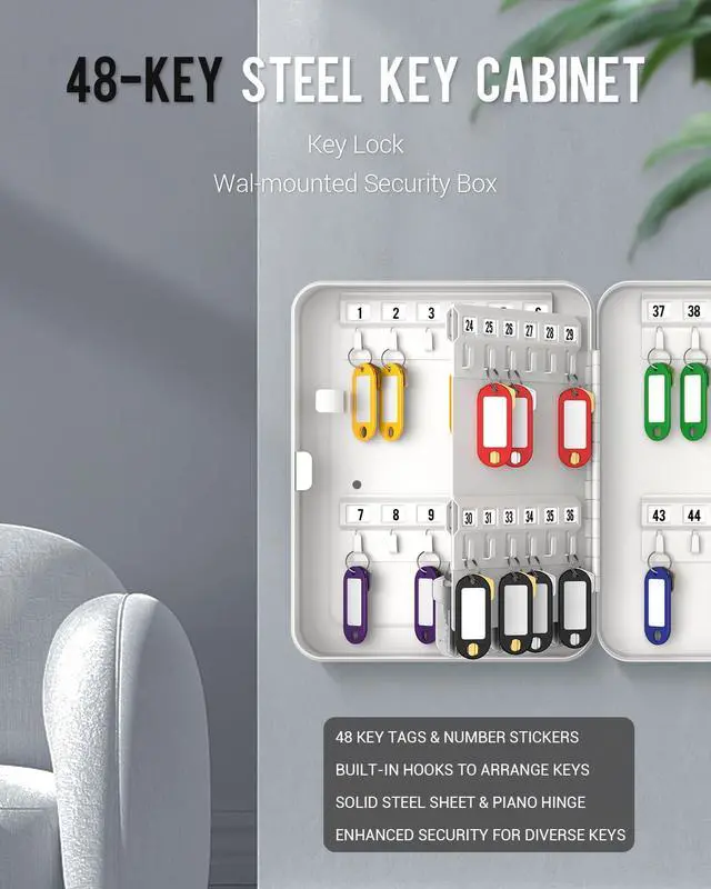 Alt view image 7 of 7 - 48 Position Key Cabinet with Combination Lock Resettable White Digital Security Storage Box Steel Key Organizer with Colorful Key Tag Labels Stickers and Hooks
