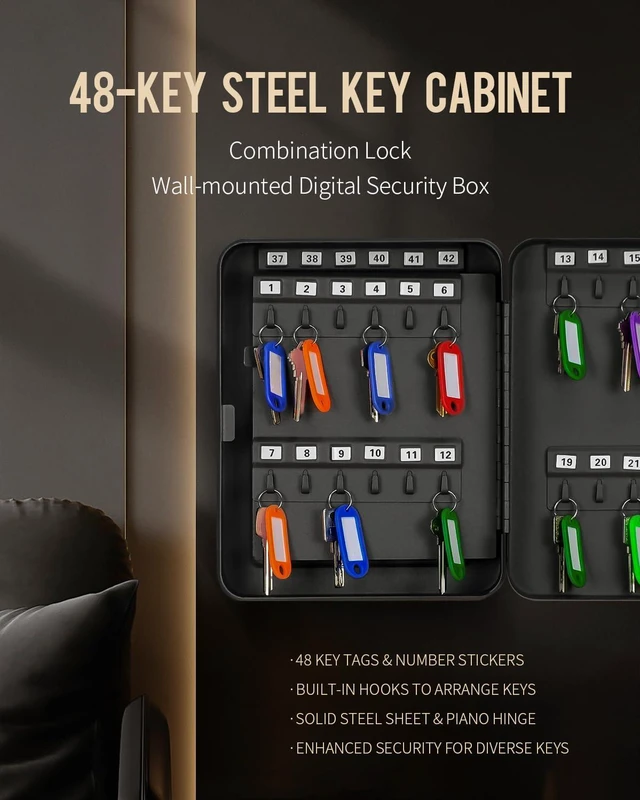 Alt view image 4 of 7 - 48 Position Key Cabinet with Combination Lock Resettable Black Digital Security Storage Box Steel Key Organizer with Colorful Key Tag Labels Stickers and Hooks