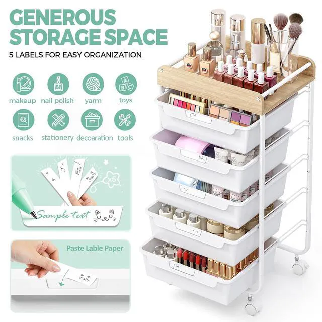 Alt view image 4 of 7 - Rolling Cart with 5 Drawers,Art Craft Cart,White Storage Utility Cart with Wheels,Makeup Organizer With Wooden Tabletop