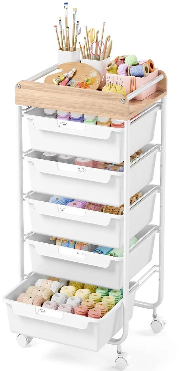 Main image of Rolling Cart with 5 Drawers,Art Craft Cart,White Storage Utility Cart with Wheels,Makeup Organizer With Wooden Tabletop