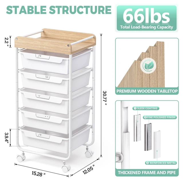 Alt view image 5 of 7 - Rolling Cart with 5 Drawers,Art Craft Cart,White Storage Utility Cart with Wheels,Makeup Organizer With Wooden Tabletop