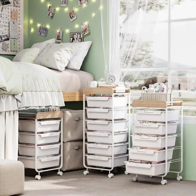 Alt view image 7 of 7 - Rolling Cart with 5 Drawers,Art Craft Cart,White Storage Utility Cart with Wheels,Makeup Organizer With Wooden Tabletop