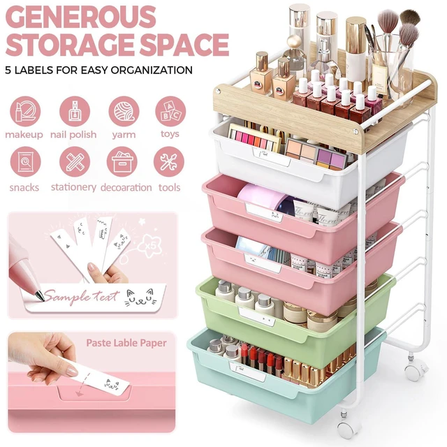Alt view image 4 of 7 - Rolling Storage Utility Cart with 5 Drawers,Colorful Craft Cart with Wheels,Makeup Organizer,Art Supply And Storage Wooden Tabletop