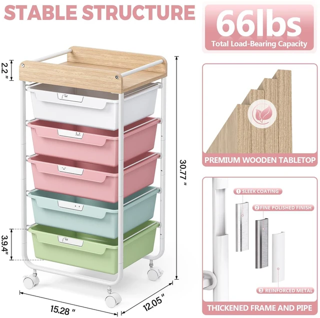 Alt view image 5 of 7 - Rolling Storage Utility Cart with 5 Drawers,Colorful Craft Cart with Wheels,Makeup Organizer,Art Supply And Storage Wooden Tabletop