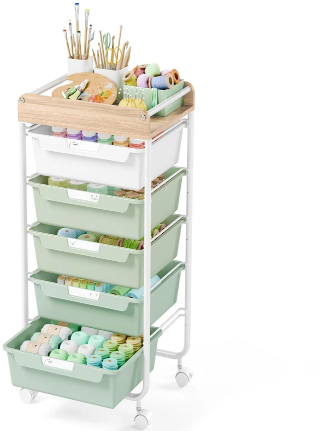 Main image of Rolling Storage Utility Cart with 5 Drawers,Green Craft Cart with Wheels,Makeup Organizer,Art Supply And Storage Wooden Tabletop