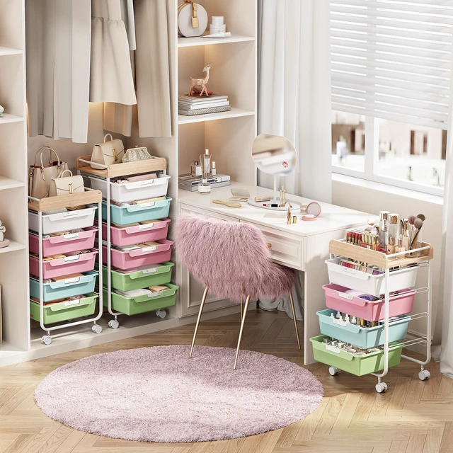 Alt view image 6 of 7 - Rolling Storage Utility Cart with 5 Drawers,Colorful Craft Cart with Wheels,Makeup Organizer,Art Supply And Storage Wooden Tabletop