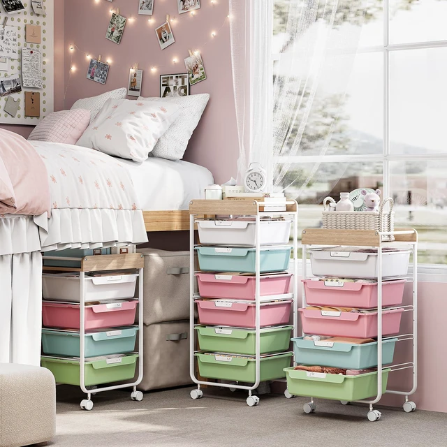 Alt view image 7 of 7 - Rolling Storage Utility Cart with 5 Drawers,Colorful Craft Cart with Wheels,Makeup Organizer,Art Supply And Storage Wooden Tabletop