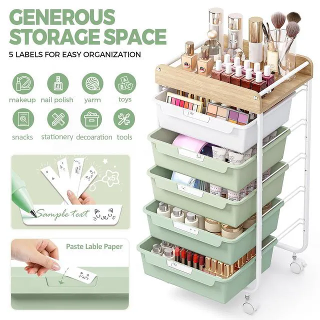 Alt view image 4 of 7 - Rolling Storage Utility Cart with 5 Drawers,Green Craft Cart with Wheels,Makeup Organizer,Art Supply And Storage Wooden Tabletop