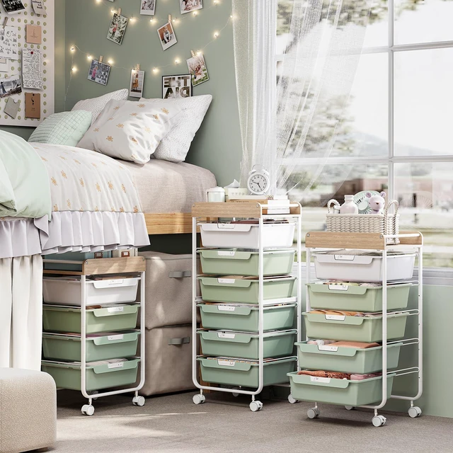 Alt view image 7 of 7 - Rolling Storage Utility Cart with 5 Drawers,Green Craft Cart with Wheels,Makeup Organizer,Art Supply And Storage Wooden Tabletop