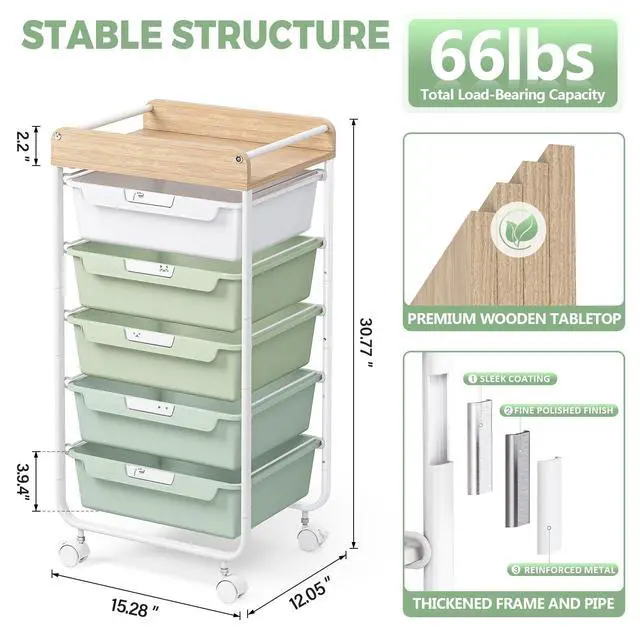 Alt view image 5 of 7 - Rolling Storage Utility Cart with 5 Drawers,Green Craft Cart with Wheels,Makeup Organizer,Art Supply And Storage Wooden Tabletop