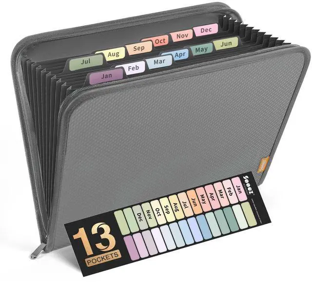 Main image of 13 Pocket Accordion File Organizer, Zipper Expanding File Folder A4 Reinforced Plastic Accordion Folder Organizer, A4 Letter Size, Portable Folders for Documents, School Office Supplies, Grey