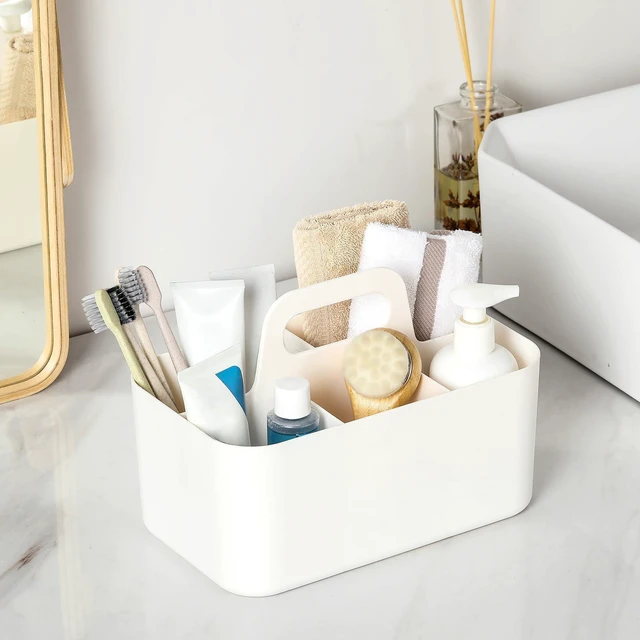 Alt view image 3 of 7 - Multiuse Caddy Organizer with Handle, Portable Divided Plastic Tote Bin - Art Craft, Stationary Pen Marker Crayons, Makeup Hair Supplies Storage - Bathroom, Classroom, Dorm, Office, Desk Holder -White