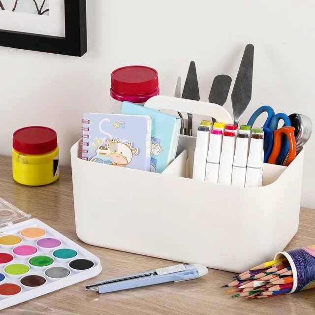 Alt view image 4 of 7 - Multiuse Caddy Organizer with Handle, Portable Divided Plastic Tote Bin - Art Craft, Stationary Pen Marker Crayons, Makeup Hair Supplies Storage - Bathroom, Classroom, Dorm, Office, Desk Holder -White