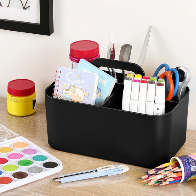 Alt view image 4 of 7 - Multiuse Caddy Organizer with Handle, Portable Divided Plastic Tote Bin - Art Craft, Stationary Pen Marker Crayons, Makeup Hair Supplies Storage - Bathroom, Classroom, Dorm, Office, Desk Holder -Black