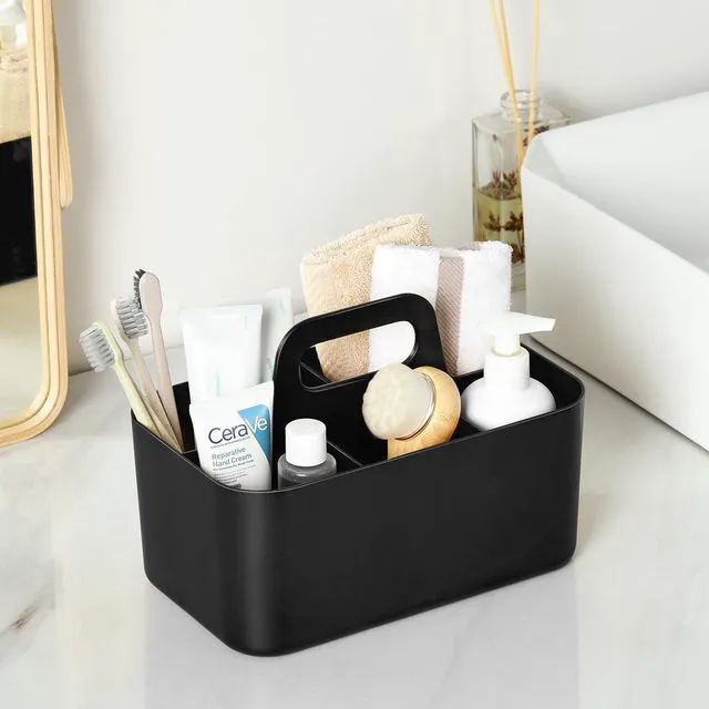 Alt view image 3 of 7 - Multiuse Caddy Organizer with Handle, Portable Divided Plastic Tote Bin - Art Craft, Stationary Pen Marker Crayons, Makeup Hair Supplies Storage - Bathroom, Classroom, Dorm, Office, Desk Holder -Black
