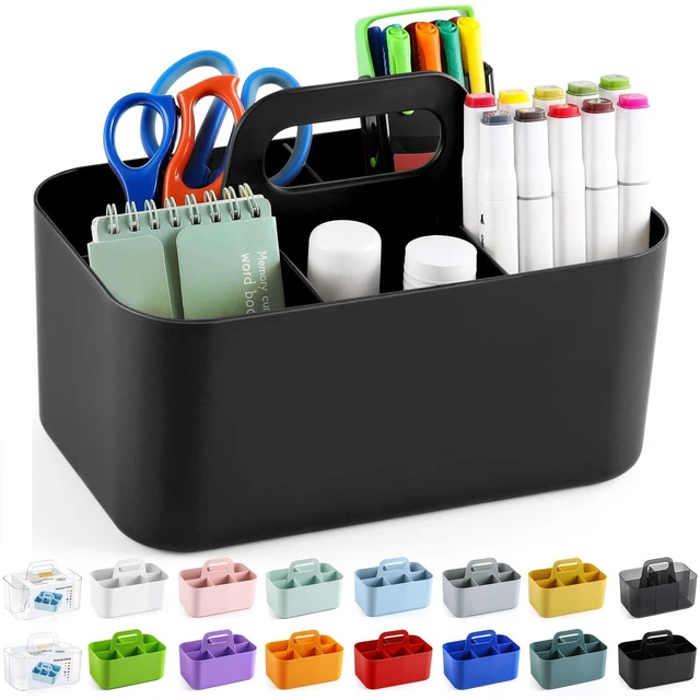 Main image of Multiuse Caddy Organizer with Handle, Portable Divided Plastic Tote Bin - Art Craft, Stationary Pen Marker Crayons, Makeup Hair Supplies Storage - Bathroom, Classroom, Dorm, Office, Desk Holder -Black