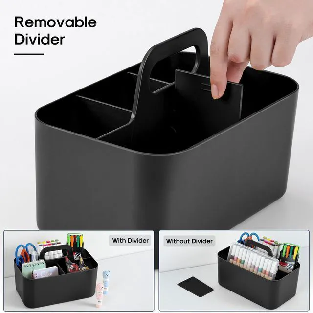 Alt view image 6 of 7 - Multiuse Caddy Organizer with Handle, Portable Divided Plastic Tote Bin - Art Craft, Stationary Pen Marker Crayons, Makeup Hair Supplies Storage - Bathroom, Classroom, Dorm, Office, Desk Holder -Black