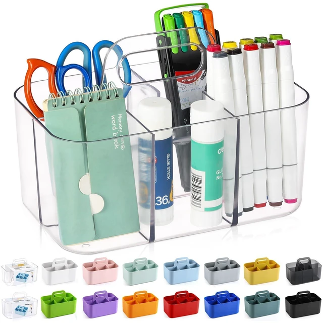 Main image of Multiuse Caddy Organizer with Handle, Portable Divided Plastic Tote Bin - Art Craft, Stationary Pen Marker Crayons, Makeup Hair Supplies Storage - Bathroom, Classroom, Dorm, Office, Desk Holder -Clear