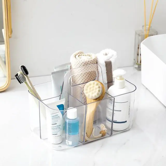 Alt view image 3 of 7 - Multiuse Caddy Organizer with Handle, Portable Divided Plastic Tote Bin - Art Craft, Stationary Pen Marker Crayons, Makeup Hair Supplies Storage - Bathroom, Classroom, Dorm, Office, Desk Holder -Clear