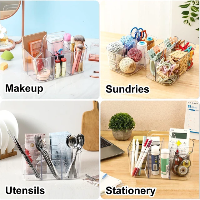 Alt view image 2 of 7 - Multiuse Caddy Organizer with Handle, Portable Divided Plastic Tote Bin - Art Craft, Stationary Pen Marker Crayons, Makeup Hair Supplies Storage - Bathroom, Classroom, Dorm, Office, Desk Holder -Clear