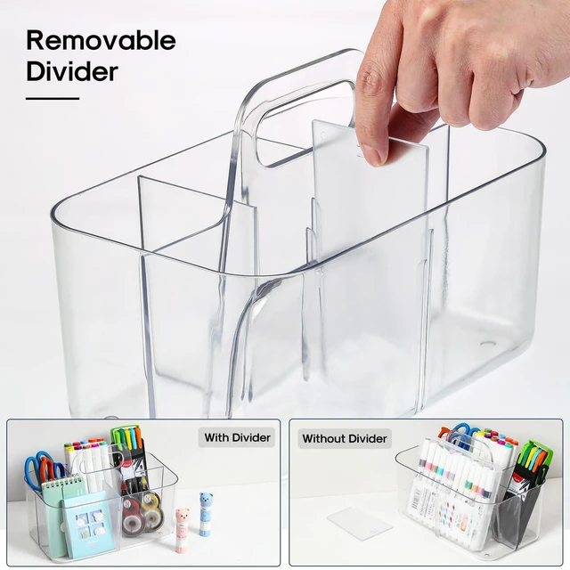 Alt view image 6 of 7 - Multiuse Caddy Organizer with Handle, Portable Divided Plastic Tote Bin - Art Craft, Stationary Pen Marker Crayons, Makeup Hair Supplies Storage - Bathroom, Classroom, Dorm, Office, Desk Holder -Clear