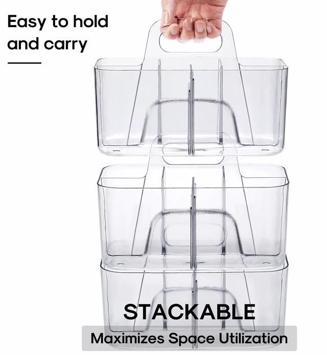 Alt view image 7 of 7 - Multiuse Caddy Organizer with Handle, Portable Divided Plastic Tote Bin - Art Craft, Stationary Pen Marker Crayons, Makeup Hair Supplies Storage - Bathroom, Classroom, Dorm, Office, Desk Holder -Clear