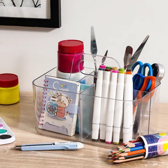 Alt view image 4 of 7 - Multiuse Caddy Organizer with Handle, Portable Divided Plastic Tote Bin - Art Craft, Stationary Pen Marker Crayons, Makeup Hair Supplies Storage - Bathroom, Classroom, Dorm, Office, Desk Holder -Clear