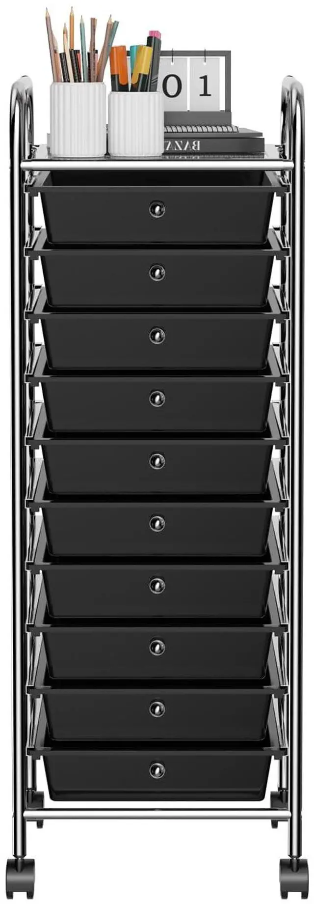 Main image of Storage Cart, Rolling Utility Cart with 10 Drawers, Portable Handles & Lockable Wheels, Mobile Paper Toys Storage Organizer Large Capacity for Home Office School Teacher (Black)