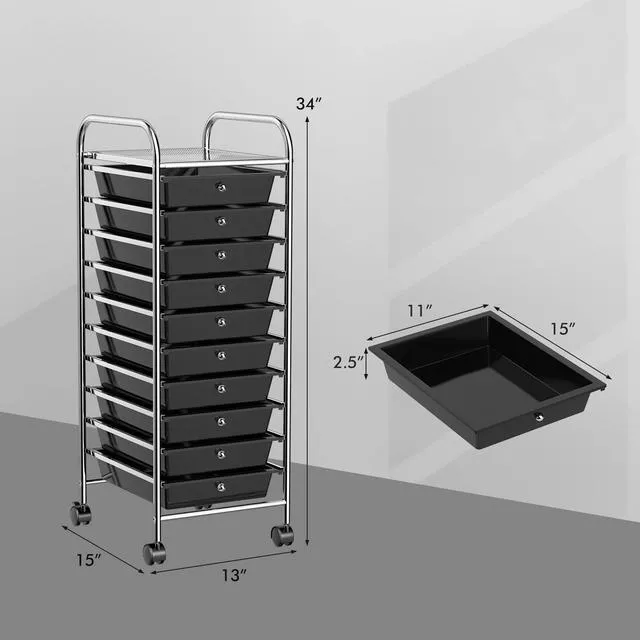 Alt view image 3 of 7 - Storage Cart, Rolling Utility Cart with 10 Drawers, Portable Handles & Lockable Wheels, Mobile Paper Toys Storage Organizer Large Capacity for Home Office School Teacher (Black)