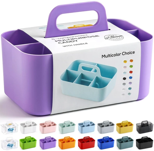 Main image of Multiuse Caddy Organizer with Handle, Portable Divided Plastic Tote Bin - Art Craft, Stationary Pen Marker Crayon, Makeup Hair Supplies Storage - Bathroom, Classroom, Dorm, Office, Desk Holder -Purple