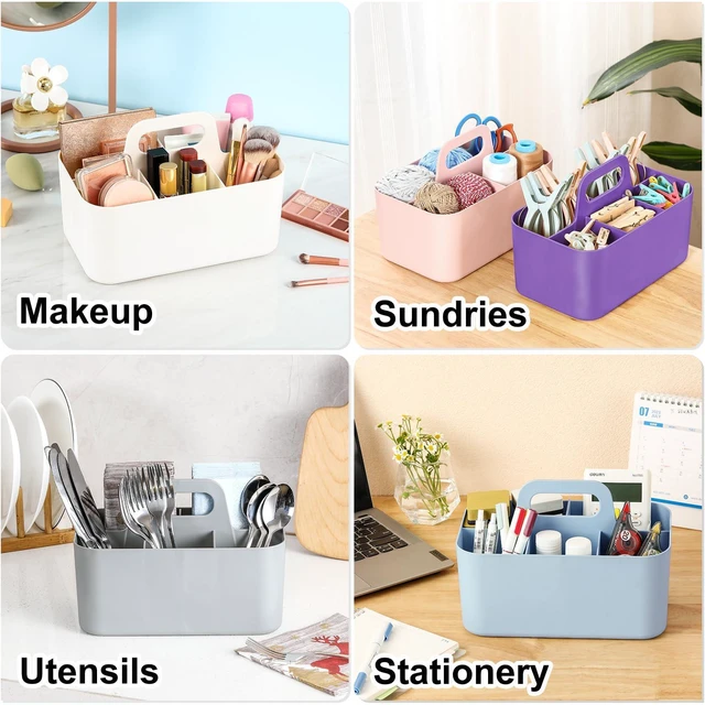 Alt view image 2 of 7 - Multiuse Caddy Organizer with Handle, Portable Divided Plastic Tote Bin - Art Craft, Stationary Pen Marker Crayon, Makeup Hair Supplies Storage - Bathroom, Classroom, Dorm, Office, Desk Holder -Purple