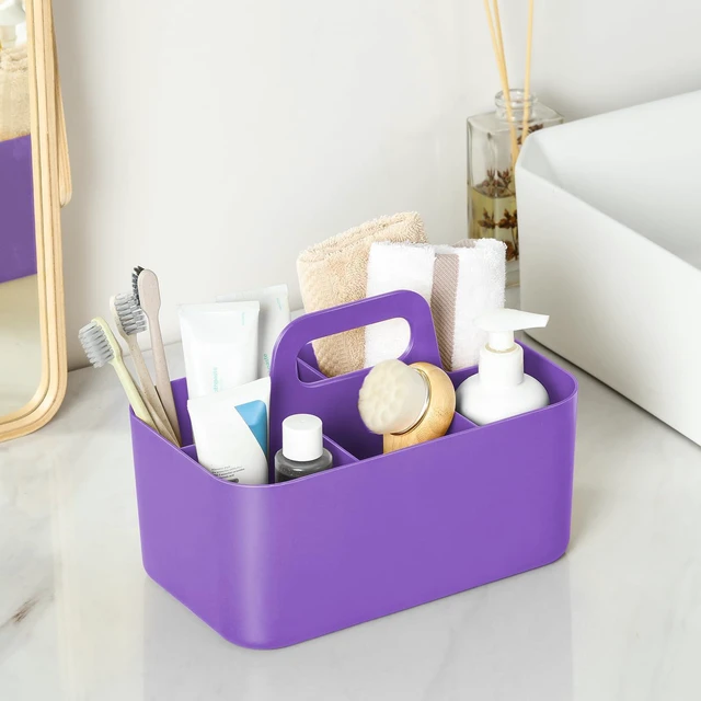 Alt view image 3 of 7 - Multiuse Caddy Organizer with Handle, Portable Divided Plastic Tote Bin - Art Craft, Stationary Pen Marker Crayon, Makeup Hair Supplies Storage - Bathroom, Classroom, Dorm, Office, Desk Holder -Purple