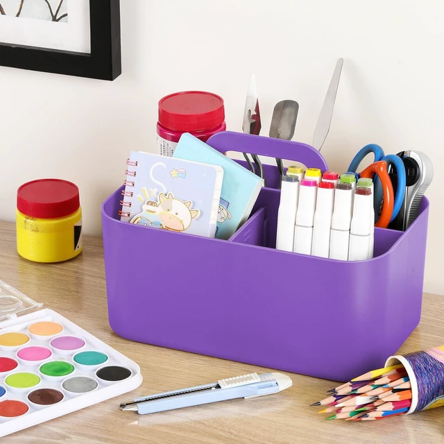 Alt view image 4 of 7 - Multiuse Caddy Organizer with Handle, Portable Divided Plastic Tote Bin - Art Craft, Stationary Pen Marker Crayon, Makeup Hair Supplies Storage - Bathroom, Classroom, Dorm, Office, Desk Holder -Purple
