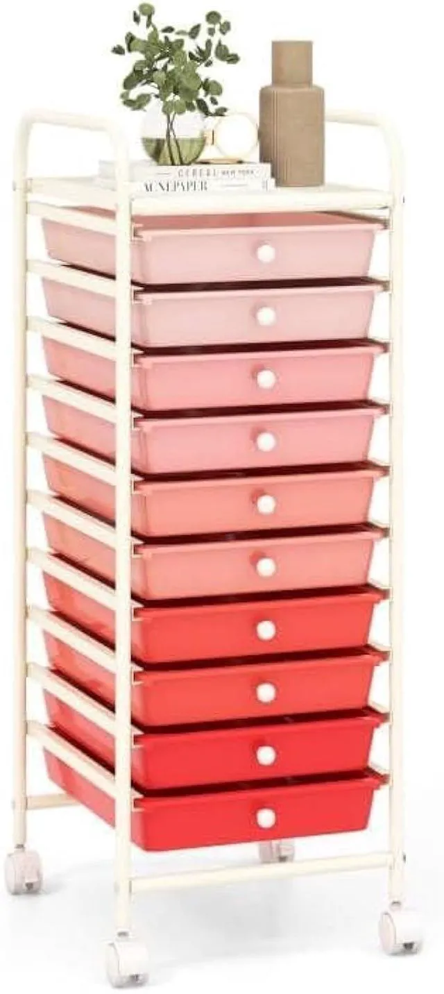 Main image of Storage Cart, Rolling Utility Cart with 10 Drawers, Portable Handles & Lockable Wheels, Mobile Paper Toys Storage Organizer Large Capacity for Home Office School Teacher (Gradient Pink)