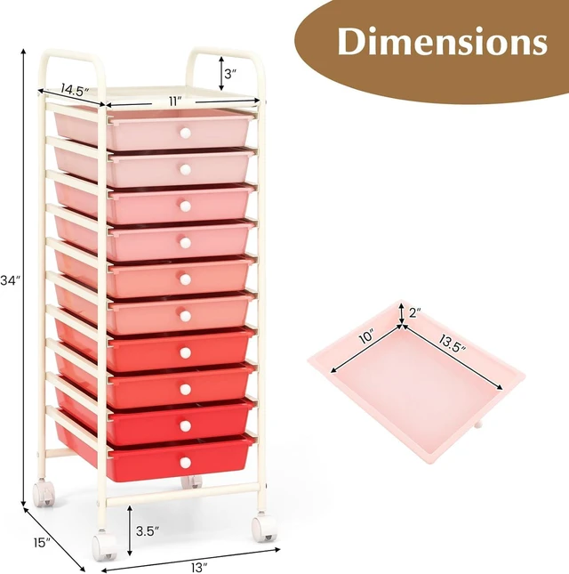 Alt view image 3 of 6 - Storage Cart, Rolling Utility Cart with 10 Drawers, Portable Handles & Lockable Wheels, Mobile Paper Toys Storage Organizer Large Capacity for Home Office School Teacher (Gradient Pink)