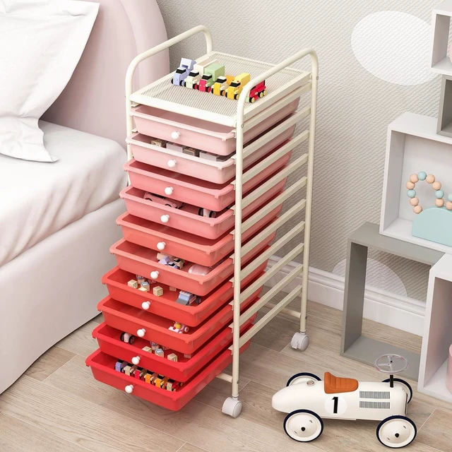 Alt view image 4 of 6 - Storage Cart, Rolling Utility Cart with 10 Drawers, Portable Handles & Lockable Wheels, Mobile Paper Toys Storage Organizer Large Capacity for Home Office School Teacher (Gradient Pink)
