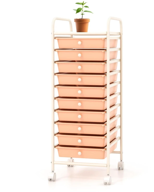Main image of Storage Cart, Rolling Utility Cart with 10 Drawers, Portable Handles & Lockable Wheels, Mobile Paper Toys Storage Organizer Large Capacity for Home Office School Teacher (Peach)
