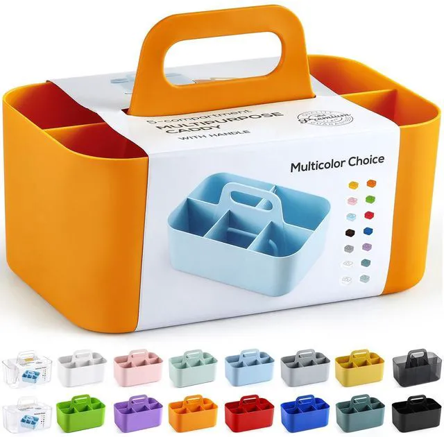 Main image of Multiuse Caddy Organizer with Handle, Portable Divided Plastic Tote Bin - Art Craft, Stationary Pen Marker Crayon, Makeup Hair Supplies Storage - Bathroom, Classroom, Dorm, Office, Desk Holder -Orange