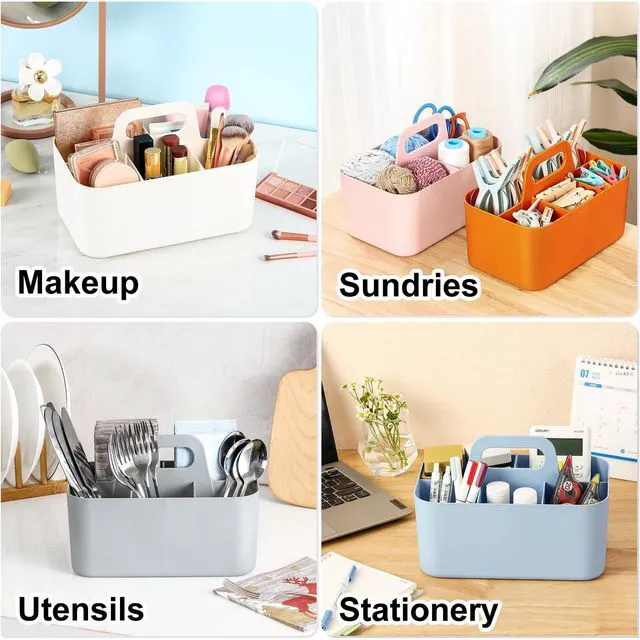 Alt view image 2 of 7 - Multiuse Caddy Organizer with Handle, Portable Divided Plastic Tote Bin - Art Craft, Stationary Pen Marker Crayon, Makeup Hair Supplies Storage - Bathroom, Classroom, Dorm, Office, Desk Holder -Orange