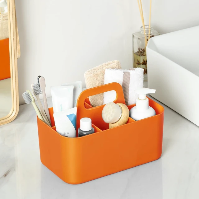 Alt view image 3 of 7 - Multiuse Caddy Organizer with Handle, Portable Divided Plastic Tote Bin - Art Craft, Stationary Pen Marker Crayon, Makeup Hair Supplies Storage - Bathroom, Classroom, Dorm, Office, Desk Holder -Orange