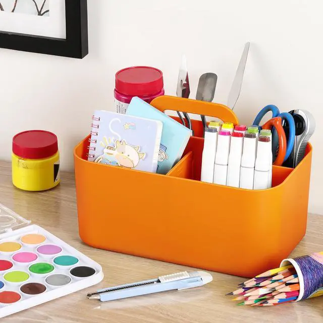 Alt view image 4 of 7 - Multiuse Caddy Organizer with Handle, Portable Divided Plastic Tote Bin - Art Craft, Stationary Pen Marker Crayon, Makeup Hair Supplies Storage - Bathroom, Classroom, Dorm, Office, Desk Holder -Orange