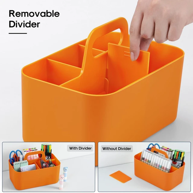 Alt view image 6 of 7 - Multiuse Caddy Organizer with Handle, Portable Divided Plastic Tote Bin - Art Craft, Stationary Pen Marker Crayon, Makeup Hair Supplies Storage - Bathroom, Classroom, Dorm, Office, Desk Holder -Orange