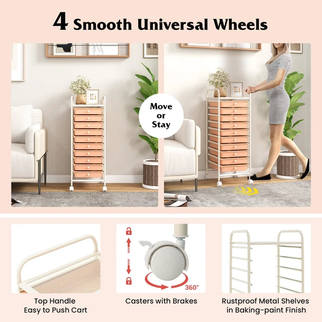 Alt view image 5 of 7 - Storage Cart, Rolling Utility Cart with 10 Drawers, Portable Handles & Lockable Wheels, Mobile Paper Toys Storage Organizer Large Capacity for Home Office School Teacher (Peach)