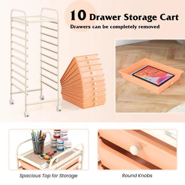 Alt view image 4 of 7 - Storage Cart, Rolling Utility Cart with 10 Drawers, Portable Handles & Lockable Wheels, Mobile Paper Toys Storage Organizer Large Capacity for Home Office School Teacher (Peach)