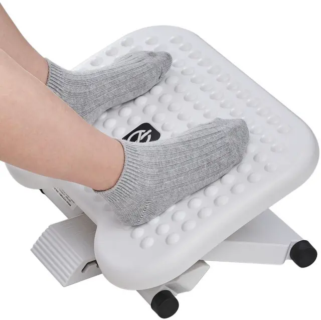 Main image of Adjustable Foot Rest for Under Desk with 3 Height Position, White 18×13 inch platform, massage texture, ±30° tilt, large non-skid surface, pre-assembled for use, washable and odorless