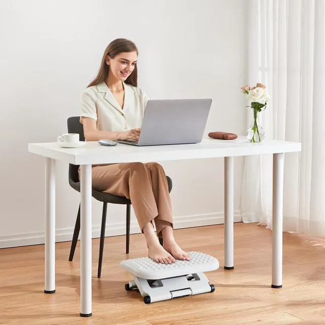 Alt view image 2 of 7 - Adjustable Foot Rest for Under Desk with 3 Height Position, White 18×13 inch platform, massage texture, ±30° tilt, large non-skid surface, pre-assembled for use, washable and odorless