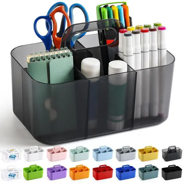Main image of Multiuse Caddy Organizer with Handle, Portable Plastic Tote Bin - Art Craft, Stationary Pen Marker Crayons, Makeup Hair Supplies Storage - Bathroom, Classroom, Dorm, Office, Desk Holder - Clear Black