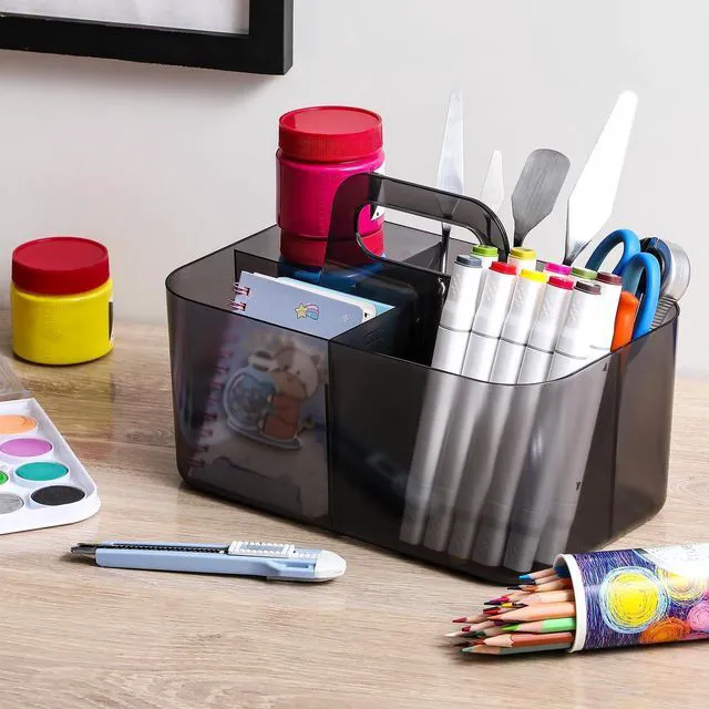 Alt view image 3 of 7 - Multiuse Caddy Organizer with Handle, Portable Plastic Tote Bin - Art Craft, Stationary Pen Marker Crayons, Makeup Hair Supplies Storage - Bathroom, Classroom, Dorm, Office, Desk Holder - Clear Black