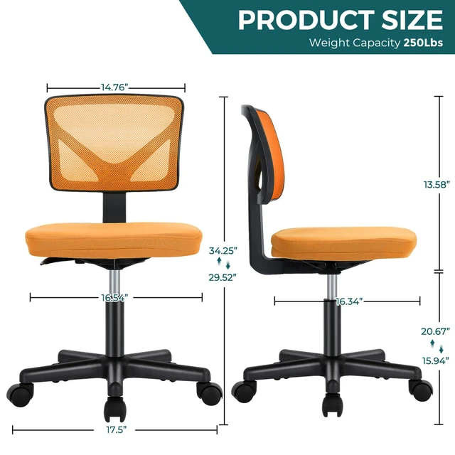 Alt view image 3 of 7 - Armless Desk Chairs, Small Home Office Mesh Chairs Ergonomic Adjustable Mid Back, Swivel Rolling Task, Computer Work Vanity Small Spaces, Orange